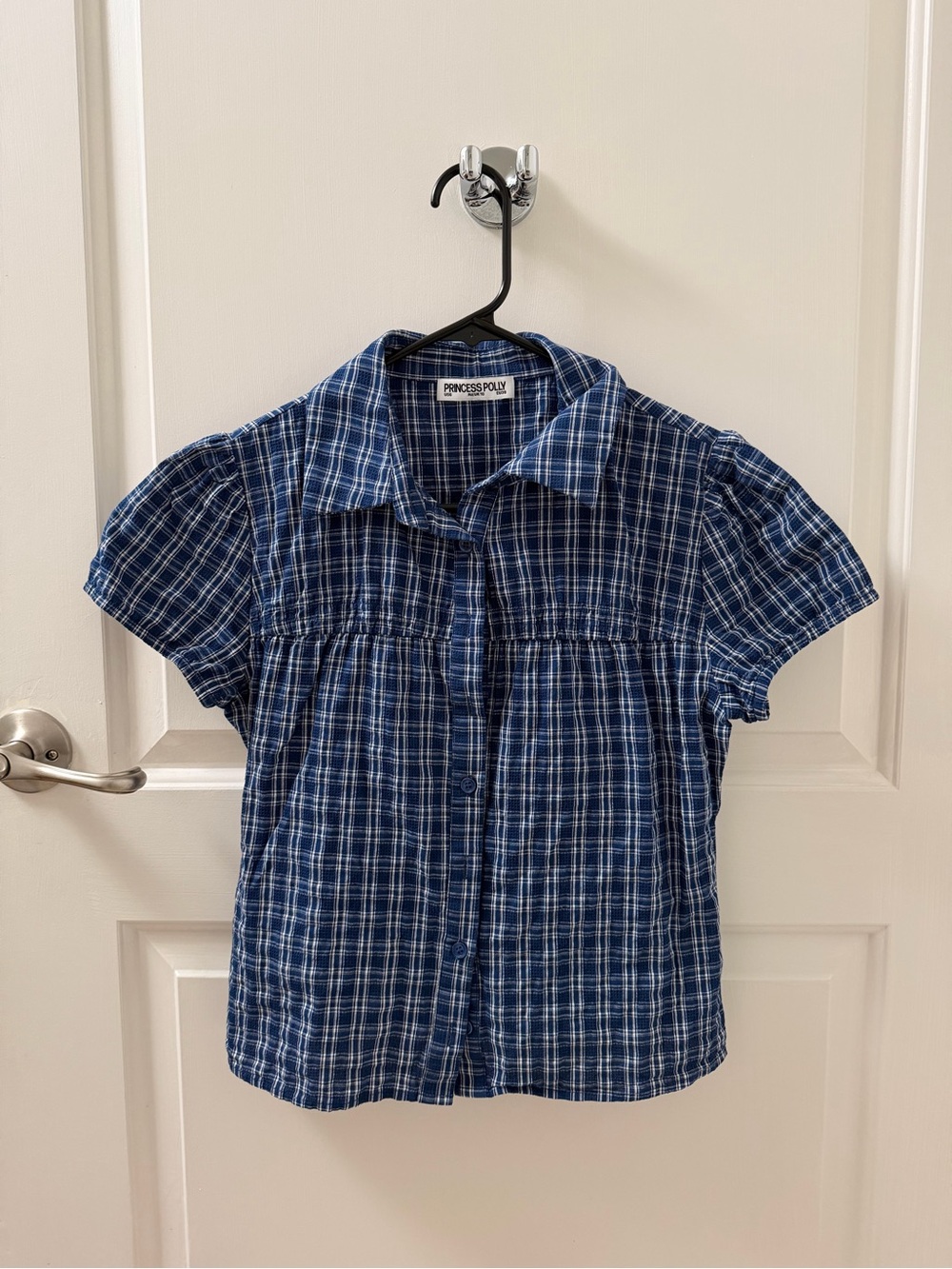 Princess Polly Button Up Top Blue Check, US 6
